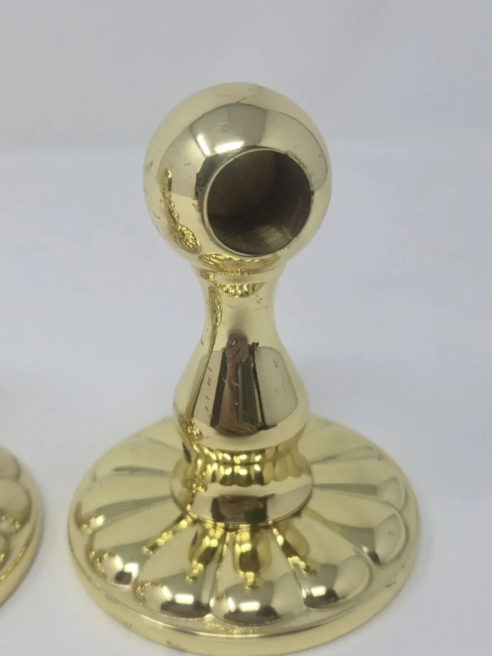 ​Set of 4 Vintage Polished Brass Curtain Rod Brackets Ball Top Scalloped Base